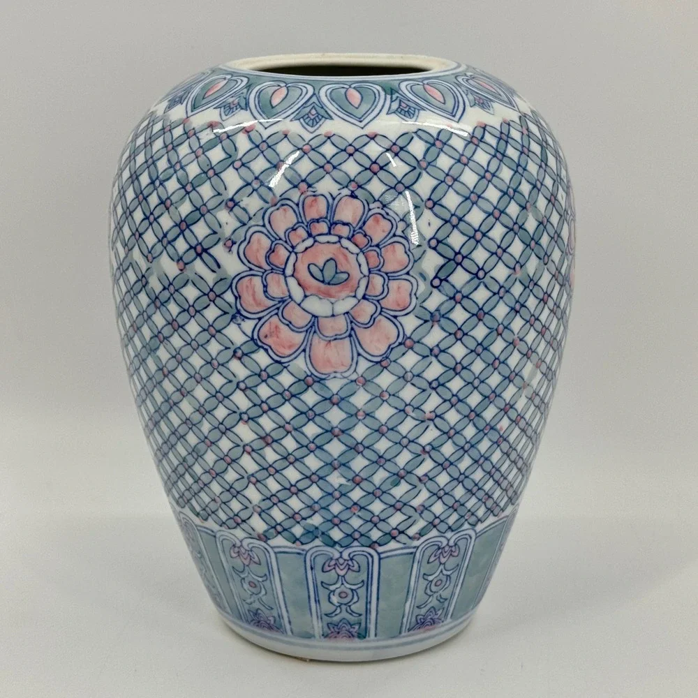 Vintage Blue White Pink Chinoiserie Ginger Jar Vase Ceramic 9